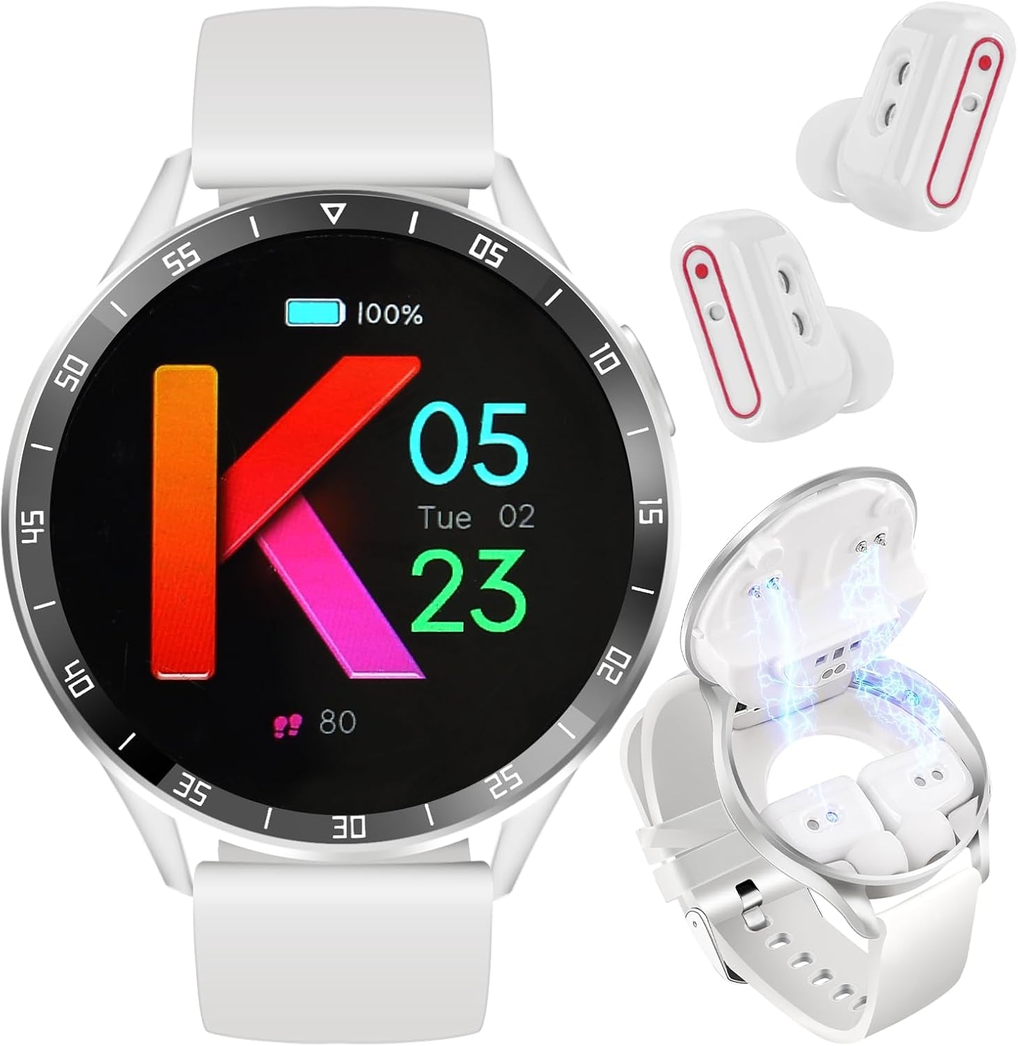 Smart Watch with Earbuds for Android Iphone, Fitness Tracker with Sleep Monitor, 2 in 1 Bluetooth Long Time Standby Sports Watch for Men Women (White)