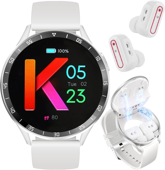 Smart Watch with Earbuds for Android Iphone, Fitness Tracker with Sleep Monitor, 2 in 1 Bluetooth Long Time Standby Sports Watch for Men Women (White)