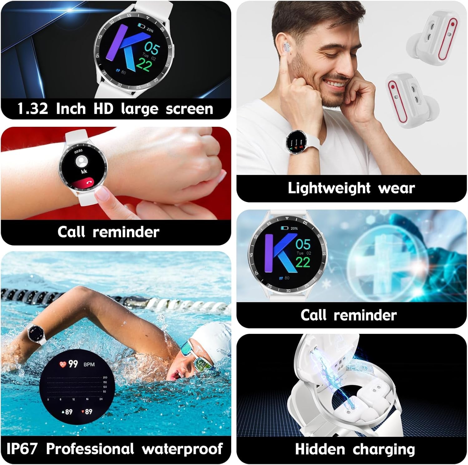 Smart Watch with Earbuds for Android Iphone, Fitness Tracker with Sleep Monitor, 2 in 1 Bluetooth Long Time Standby Sports Watch for Men Women (White)